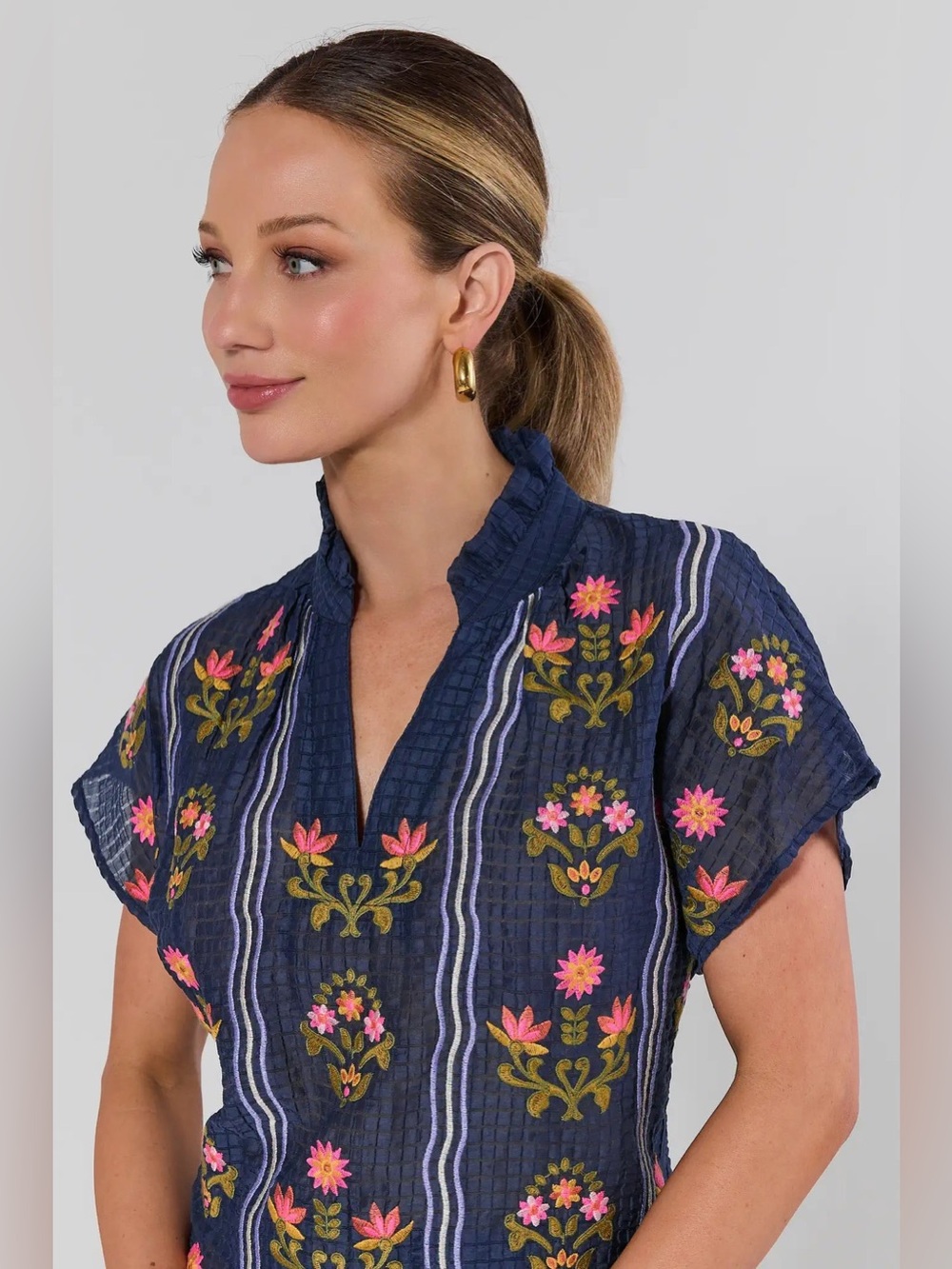 THML Campbell Navy Floral Embroidered Ruffle Neck Popover Top Size Large - Picture 7 of 8